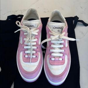 CHANEL Pink and White Low-Top Lace-Up Sneakers